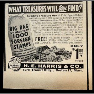 H.E. Harris Vintage Print Ad 1955 Foreign Stamp Collecting Boston MA